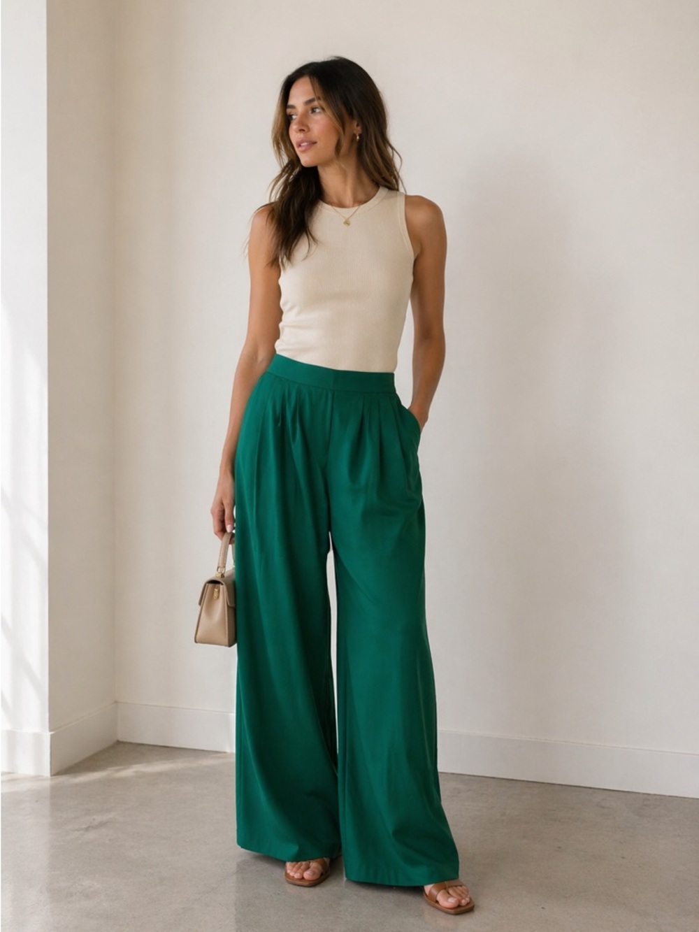Spring + Mercer Emerald Green Wide Leg Palazzo Pants Resort Vacation L